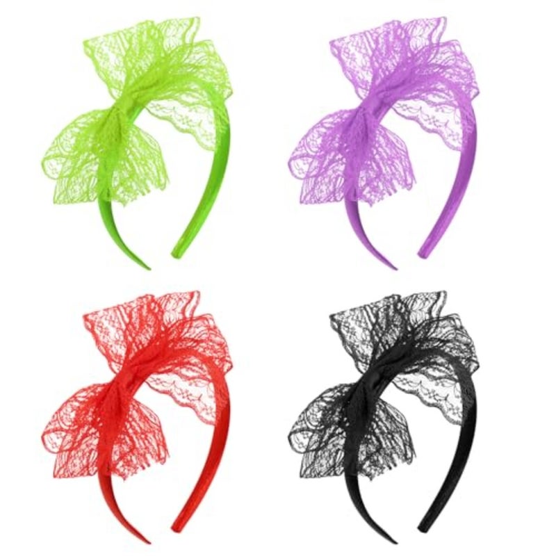 80s Lace Headbands 4Pcs Vintage No Headache Neon Bowknot Headband for Women Girls Halloween Retro Theme Party Costume - Image 1