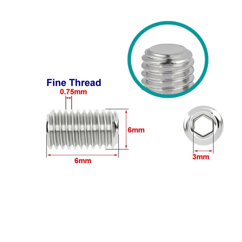 junter Store 30pcs M6-0.75 x 6mm Fine Thread Metric A2 Stainless Steel Flat Point Grub Hex Socket Set Screws Metric DIN913 - Image 2