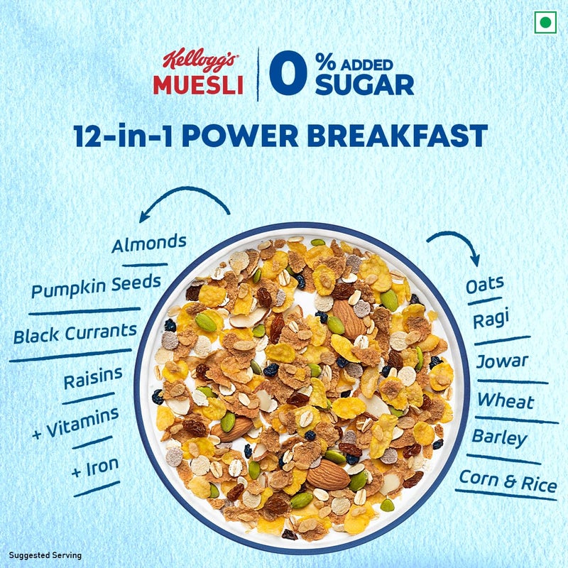 Kellogg's Muesli 0% Added Sugar 500 G | 12-In-1 Power Breakfast | India's No. 1 Muesli - Image 5