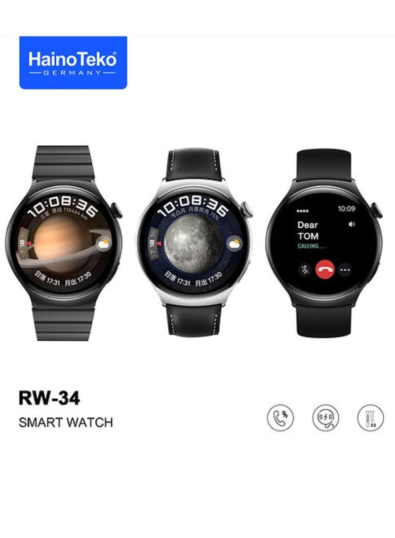 Haino Teko RW34 Smart Watch IPS HD AMOLED Display Screen With Three Strap Stainless Steel and Leather - Image 1