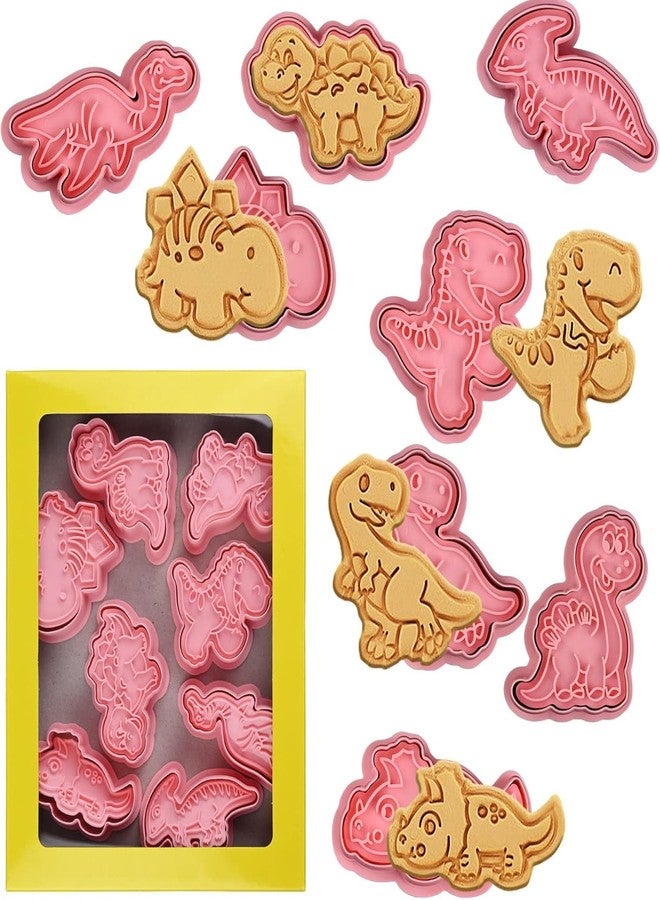 LEGACYCART 8pcs Dinosaur Cartoon Shaped Cookie Cutter Set, 3D Cookie Cutters for Baking Pink DIY Press Cookie Stamps Molds for Kids for DIY Baking (Pack of 1) - Image 1