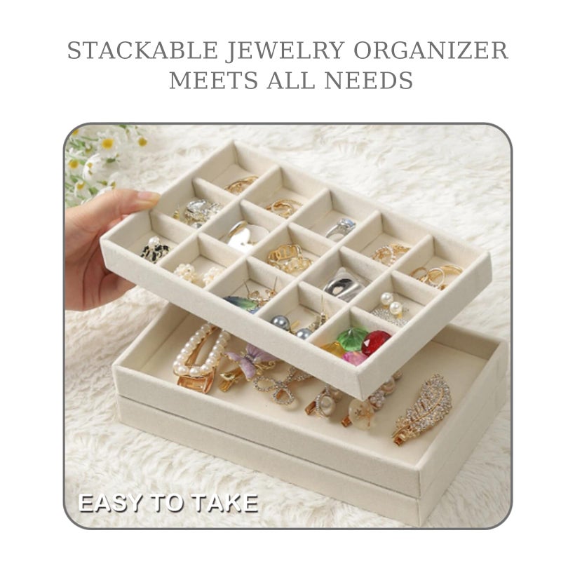 CDBOVID 1 Pcs Stackable Jewelry Organizer Stackable Trays,Jewelry Drawer Inserts Container Display Case Storage for Earring Necklace Rings Bracelet Watch with Removable Dividers-Beige - Image 5