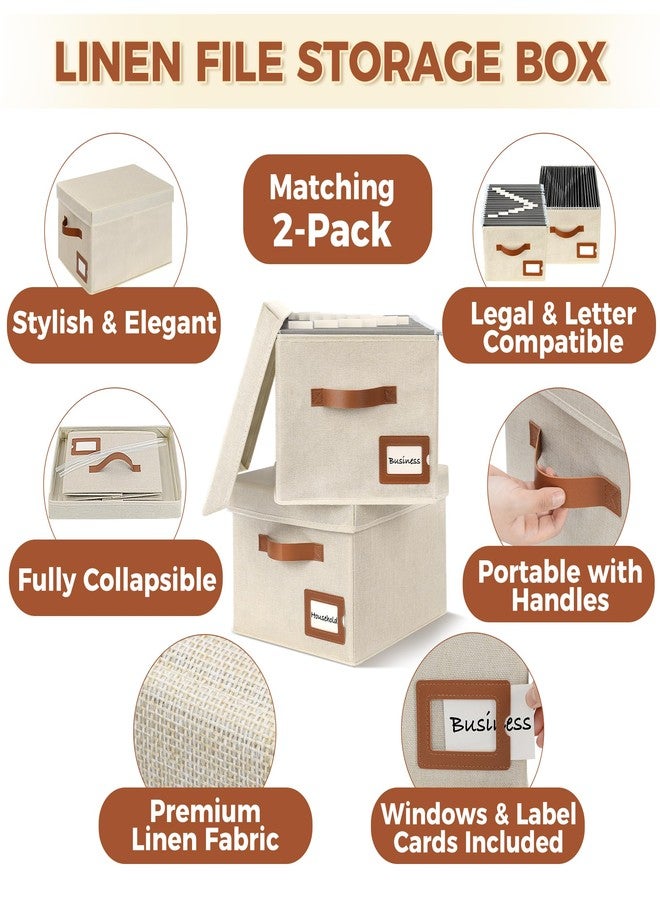 Storage Standard صندوق تنظيم ملفات قياسي للتخزين، عبوة من قطعتين مع غطاء - منظم مستندات معلق قابل للطي من الكتان، صناديق ملفات محمولة، صناديق ملفات خفيفة الوزن وقابلة للنقل مع مقابض وإضافات، لون عاجي - Image 4