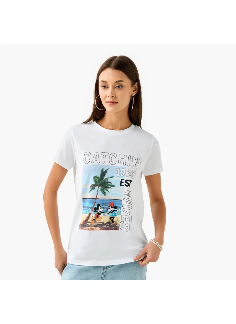 اس بي كاركترز Mickey Mouse and Minnie Mouse Print Crew Neck T-shirt