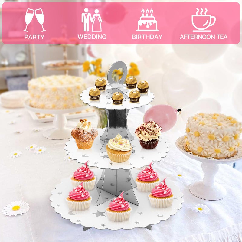 Soleebee 3-Tier Cupcake Stand, Cardboard Cupcake Tower, Dessert Cup Cake Stand Tower for Birthday Wedding Party Decoration, Cupcake Tier Stand 1 Set (Silver Moon and Star) - Image 5