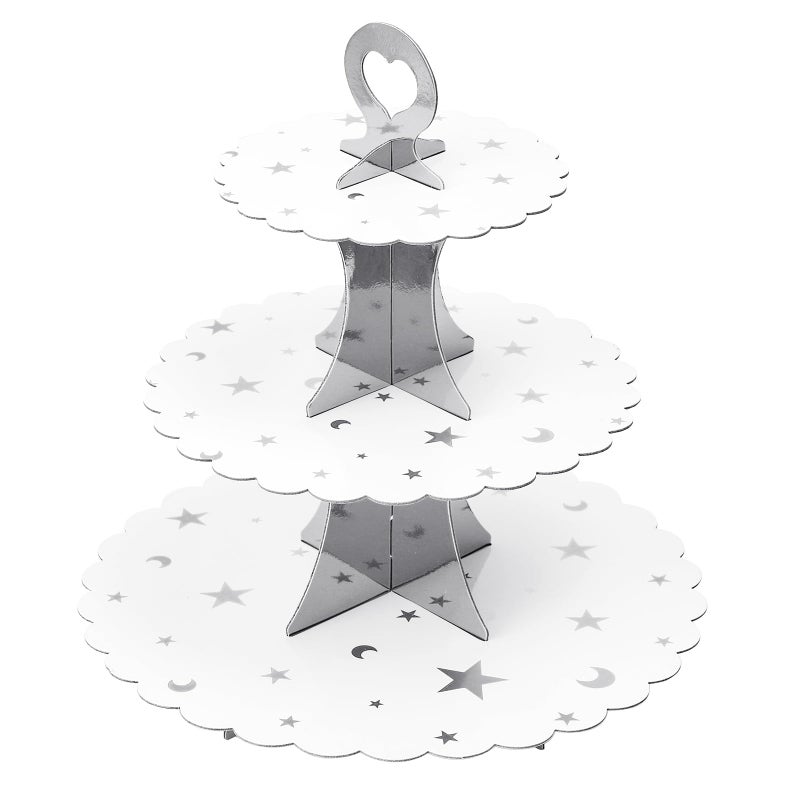Soleebee 3-Tier Cupcake Stand, Cardboard Cupcake Tower, Dessert Cup Cake Stand Tower for Birthday Wedding Party Decoration, Cupcake Tier Stand 1 Set (Silver Moon and Star) - Image 1