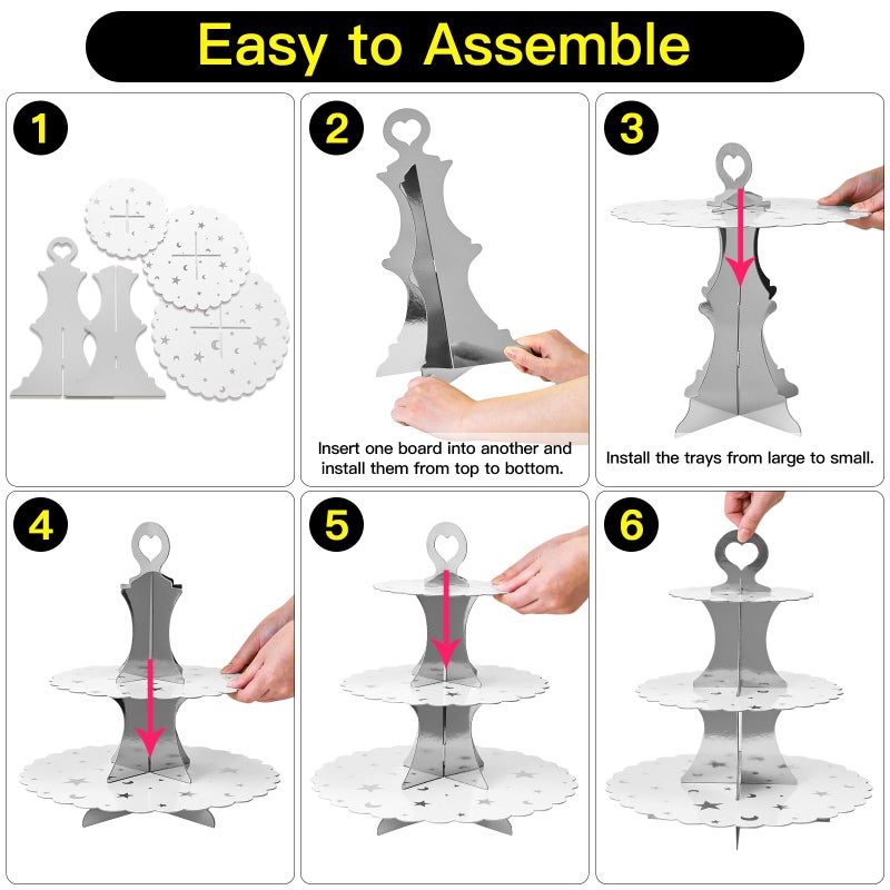 Soleebee 3-Tier Cupcake Stand, Cardboard Cupcake Tower, Dessert Cup Cake Stand Tower for Birthday Wedding Party Decoration, Cupcake Tier Stand 1 Set (Silver Moon and Star) - Image 4