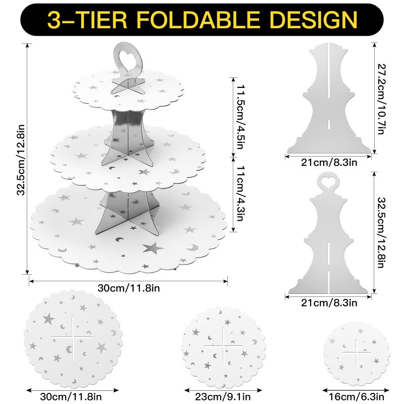 Soleebee 3-Tier Cupcake Stand, Cardboard Cupcake Tower, Dessert Cup Cake Stand Tower for Birthday Wedding Party Decoration, Cupcake Tier Stand 1 Set (Silver Moon and Star) - Image 2
