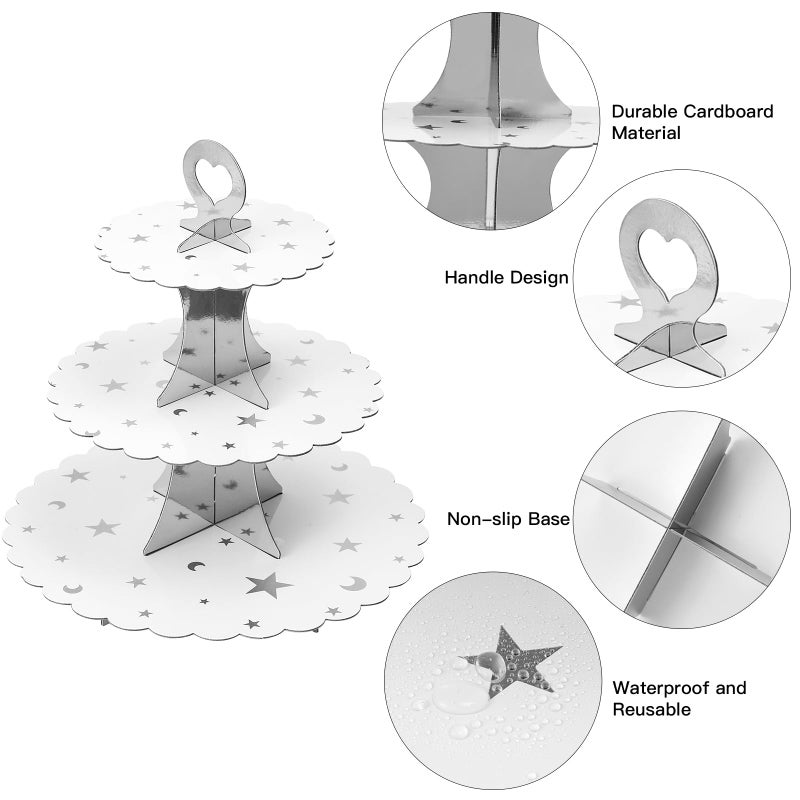 Soleebee 3-Tier Cupcake Stand, Cardboard Cupcake Tower, Dessert Cup Cake Stand Tower for Birthday Wedding Party Decoration, Cupcake Tier Stand 1 Set (Silver Moon and Star) - Image 3