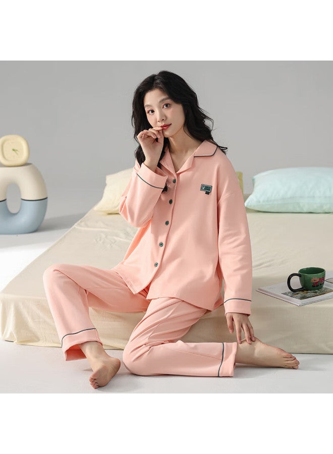 Fenteng Kean New Women's Spring Autumn Pajama Set Cardigan Lapel Sweet Style Thin Pure Cotton Solid Color Homewear Two-piece Set