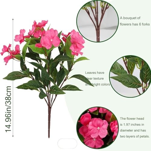 Fox & Fern Artificial Silk Impatiens Flower Bouquet | UV Resistant Plant for Home, Office, Wedding Decor GAAFIM-38RR (Pack of 1) (Rose Red) - Image 2