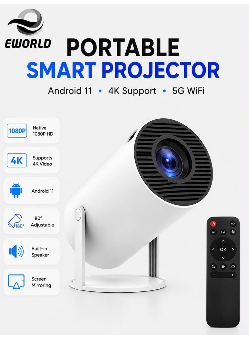 Eworld Smart Mini Projector 1080P with Android 11.0, 4K Support, 5G Dual Band WiFi, Bluetooth 5.0, Auto Focus, Auto Keystone, 180° Rotatable, 40-130 Inch Display, Built-in Speakers, Screen Mirroring, HDMI, USB & TF Card Compatible with TV Stick, PS5, Laptop, iPhone & Android, Portable Home Theater for Indoor & Outdoor Use - Image 1