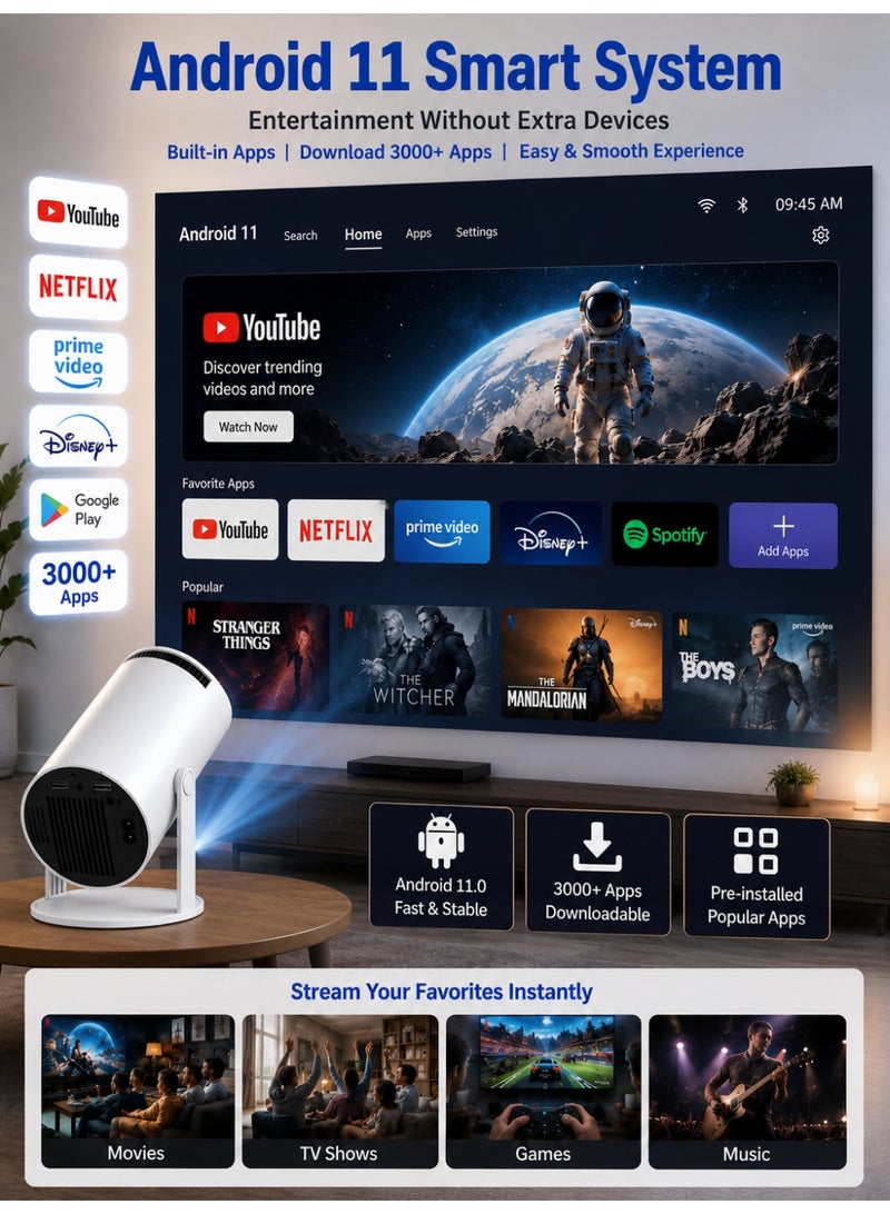 Eworld Smart Mini Projector 1080P with Android 11.0, 4K Support, 5G Dual Band WiFi, Bluetooth 5.0, Auto Focus, Auto Keystone, 180° Rotatable, 40-130 Inch Display, Built-in Speakers, Screen Mirroring, HDMI, USB & TF Card Compatible with TV Stick, PS5, Laptop, iPhone & Android, Portable Home Theater for Indoor & Outdoor Use - Image 3