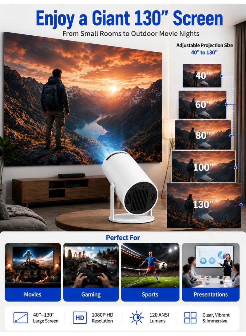 Eworld Smart Mini Projector 1080P with Android 11.0, 4K Support, 5G Dual Band WiFi, Bluetooth 5.0, Auto Focus, Auto Keystone, 180° Rotatable, 40-130 Inch Display, Built-in Speakers, Screen Mirroring, HDMI, USB & TF Card Compatible with TV Stick, PS5, Laptop, iPhone & Android, Portable Home Theater for Indoor & Outdoor Use - Image 2