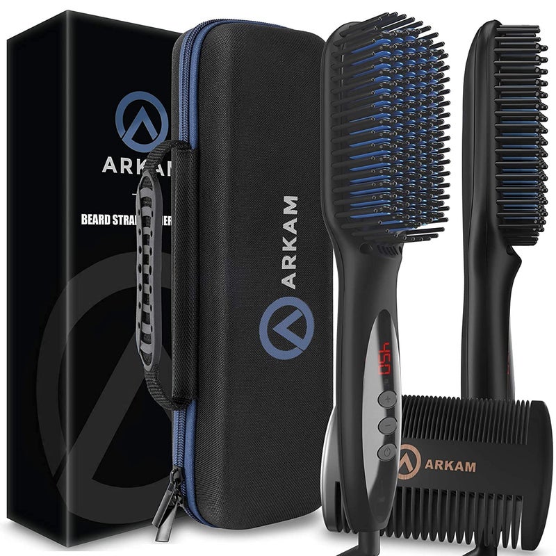 Arkam Beard Straightener for Men Premium Heated Beard Brush Kit wAntiScald Feature Dual Action Hair Comb and Hard Shell Travel Case for Medium to Long Beards  Costume and Grooming Gifts for Men