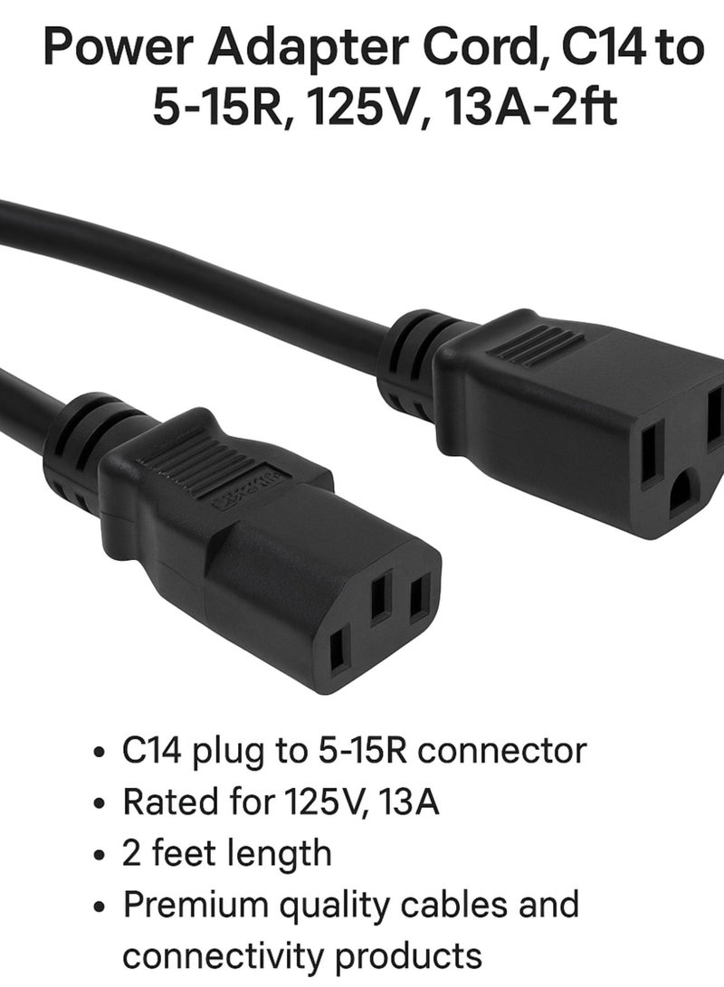 Computer Power Extension Cable PDU Cord- Power Adapter Cord C14 to 5-15R, 2ft | 125V 13A Heavy Duty Power Extension Cable | Premium Quality Power Connector for Servers, UPS, PDU, PCs & More - Image 2