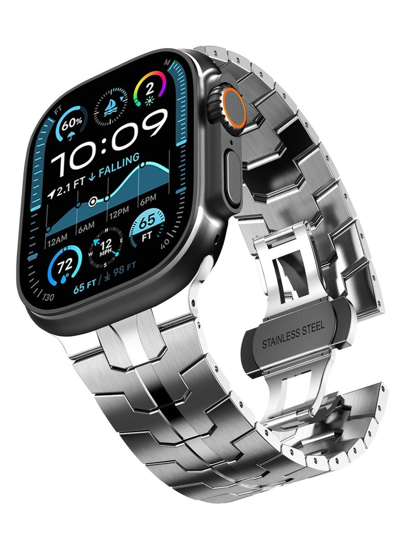 TIGER Stainless Steel Strap for iWatch 49mm, 46mm, 45mm, 44mm, 42mm – Silver Replacement Band for Apple Watch Ultra 3, Ultra 2, Ultra, Series 10, 9, 8, 7, SE, 6, 5, 4, 3, 2, 1 – Durable, Adjustable, Elegant Design - Image 1