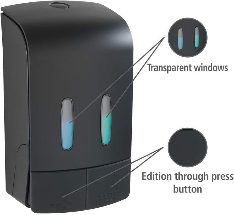 KURIC Heavy Duty ABS Wall Mounted Dual Twin Liquid Soap Dispenser for Bathroom Shampoo Handwash Conditioner Dispenser for Wash Basin and Kitchen Sinks (480 x 480-960 Ml, Black) - Image 3