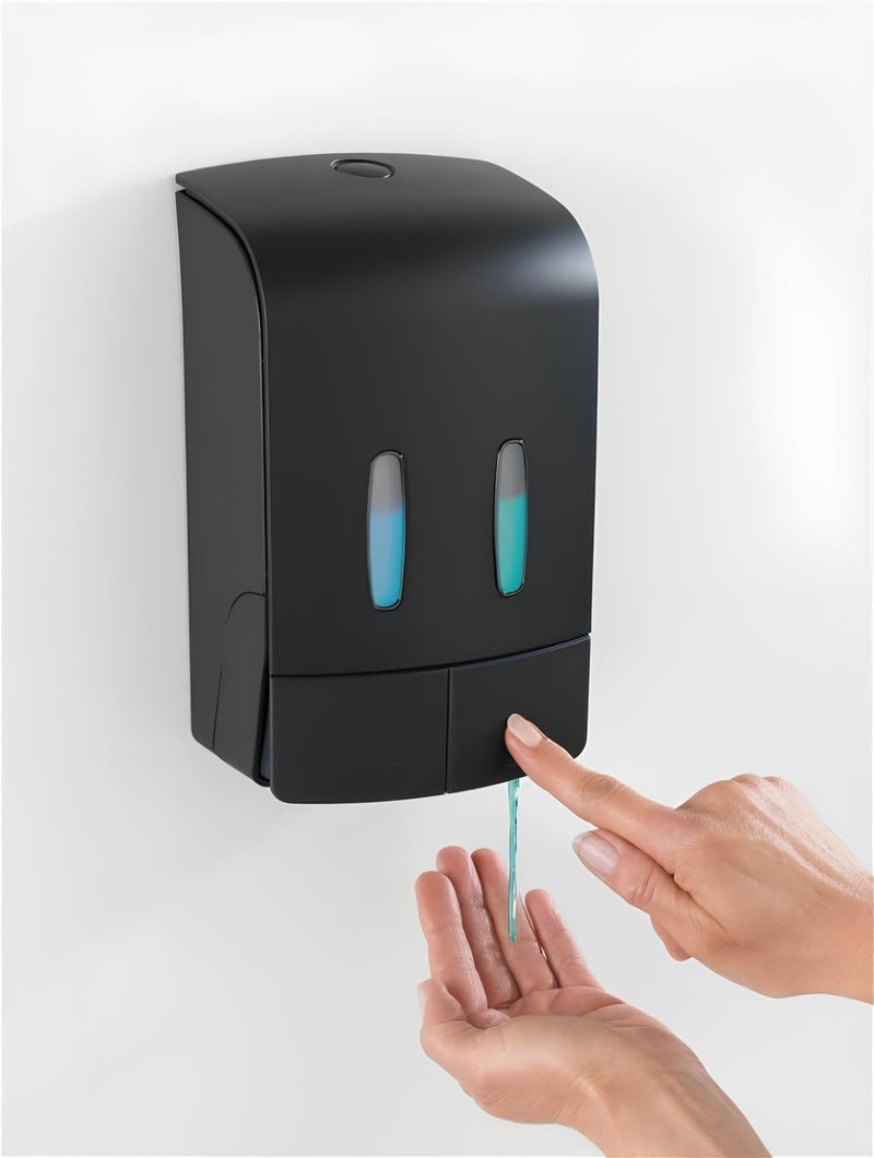 KURIC Heavy Duty ABS Wall Mounted Dual Twin Liquid Soap Dispenser for Bathroom Shampoo Handwash Conditioner Dispenser for Wash Basin and Kitchen Sinks (480 x 480-960 Ml, Black) - Image 2