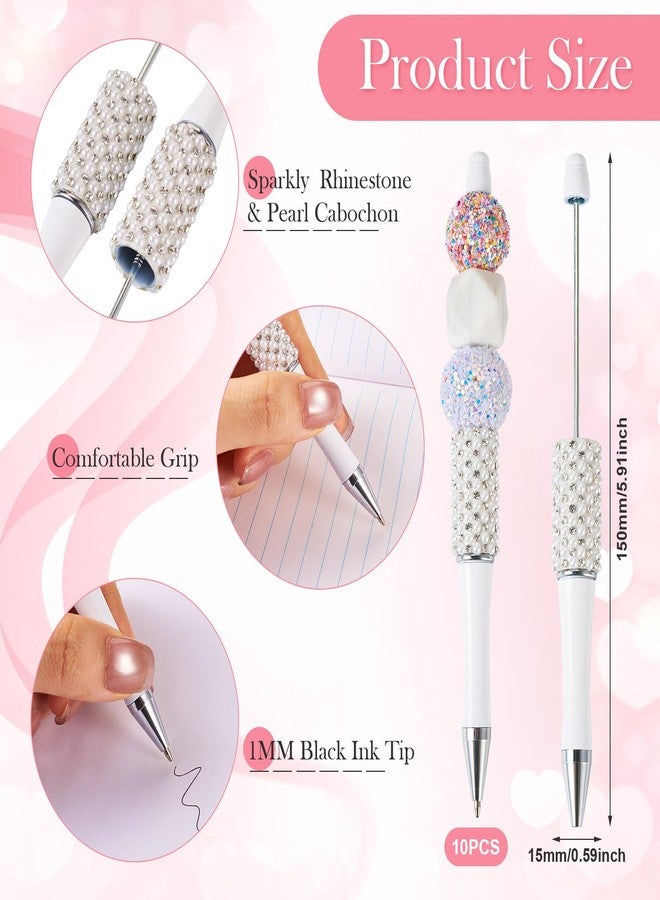 BB Beadthoven Beadthoven 10pcs Pearl Diamond Beadable Pens, Rhinestone Beaded Pens Plastic DIY Crystal Bling Pearl Bead Pens Shaft Black Ink Ballpoint Pens for DIY Pens Making Supplies Gift Office School - White - Image 2