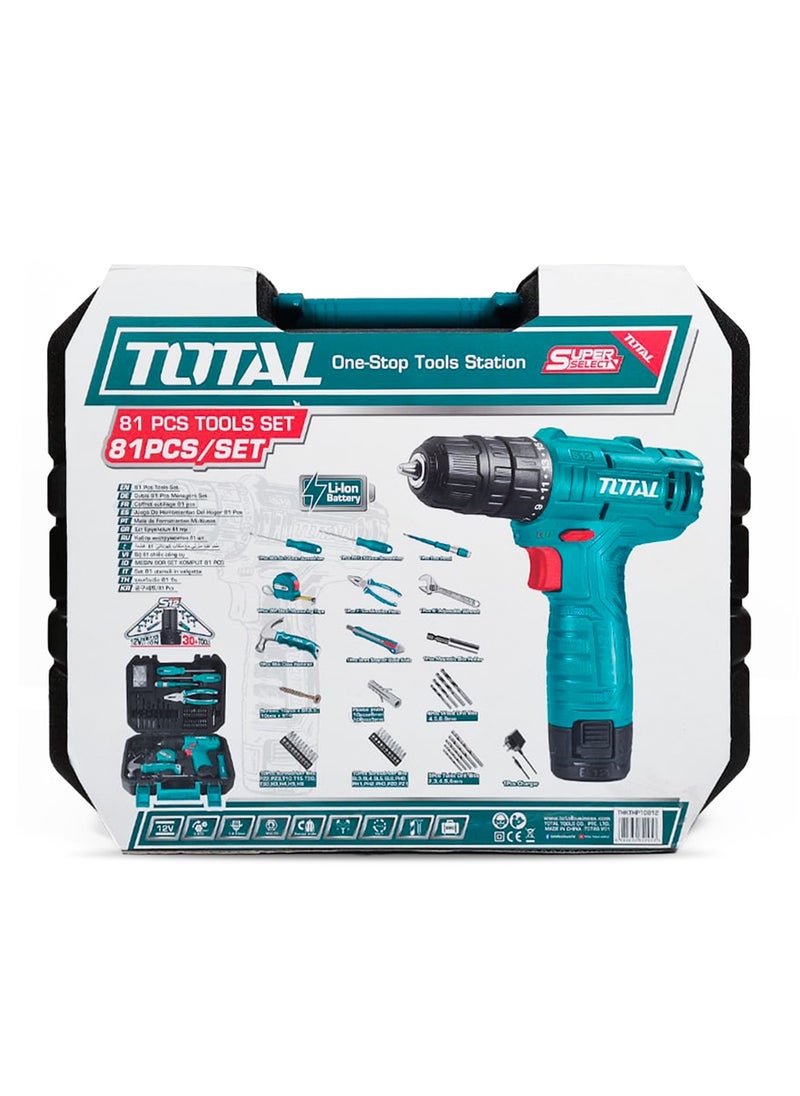 TOTAL TDLI12415  81 Piece Tool Set Cordless Screwdriver and Drill Set Li-Ion 12v 10mm / 220V-240V~50/60Hz / Wrench / Bits Tool Station  - Image 1