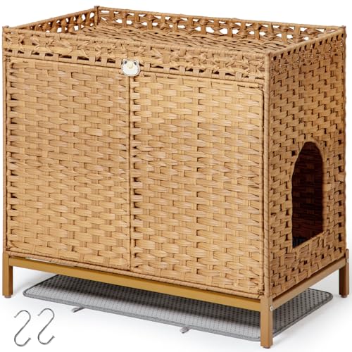 SETVSON Cat Litter Box Enclosure Furniture Hidden Handwoven Rattan Litter Box with Mat Large Cat House with Metal Heightened Feet 303 x 183 x 28 Inches Indoor for Living Room Bedroom Natural