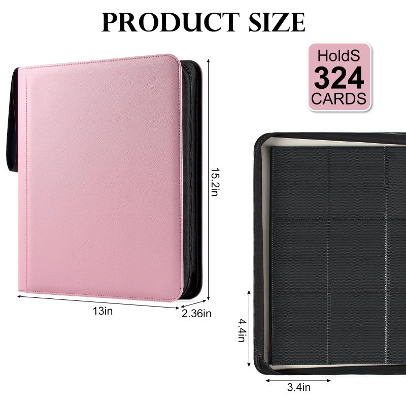 GEAoffice 9 Pockets Top Loader Binder Holds 324 Cards, Premium PU Leather Trading Card Binder for Toploader, Side Loading Zipper Card Binder Top Loader for 3"Ã—4" Rigid, MTG, TCG, Waterproof, Pink - Image 4