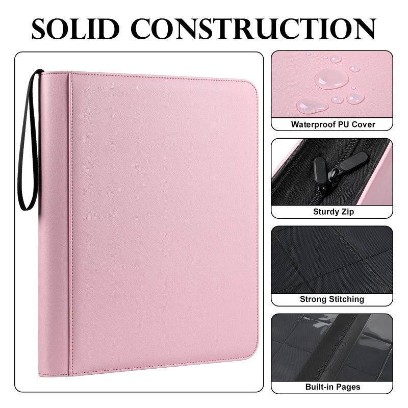 GEAoffice 9 Pockets Top Loader Binder Holds 324 Cards, Premium PU Leather Trading Card Binder for Toploader, Side Loading Zipper Card Binder Top Loader for 3"Ã—4" Rigid, MTG, TCG, Waterproof, Pink - Image 3