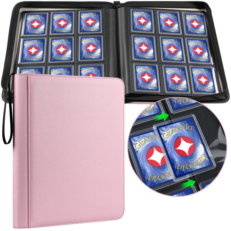 GEAoffice 9 Pockets Top Loader Binder Holds 324 Cards, Premium PU Leather Trading Card Binder for Toploader, Side Loading Zipper Card Binder Top Loader for 3"Ã—4" Rigid, MTG, TCG, Waterproof, Pink - Image 1