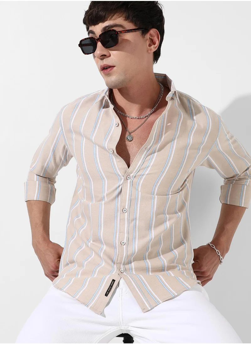 Campus Sutra Men's Beige Striped Cotton Shirt