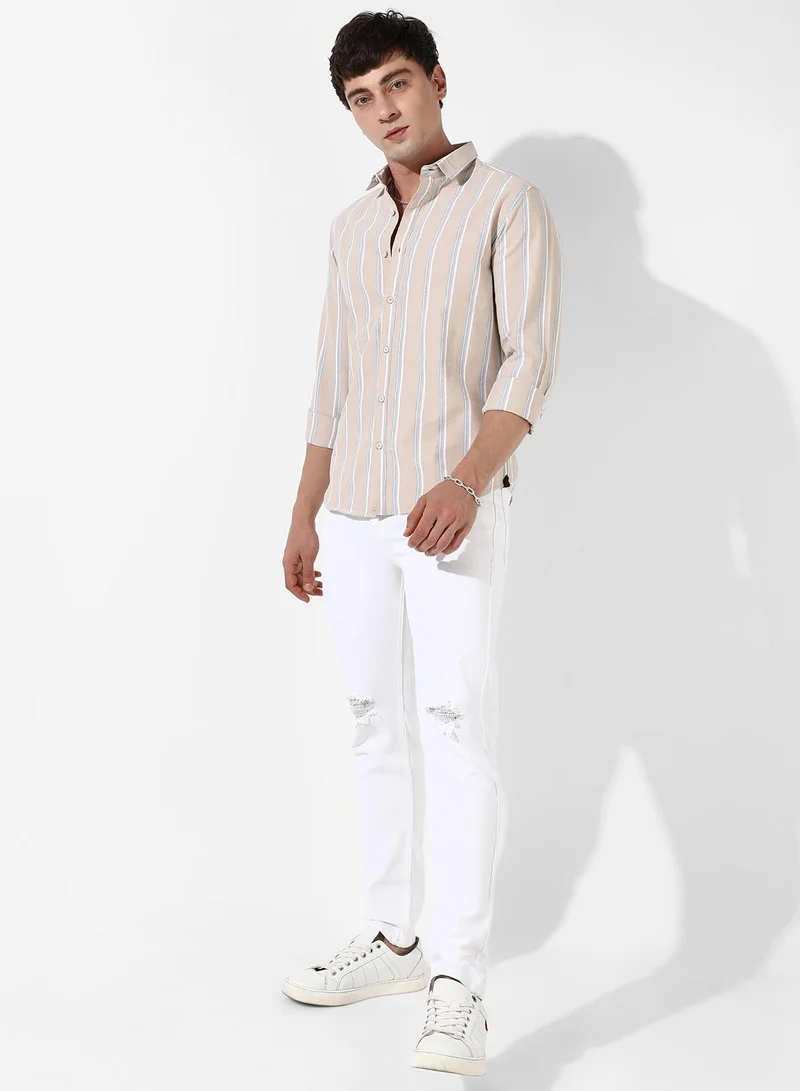 Campus Sutra Men's Beige Striped Cotton Shirt