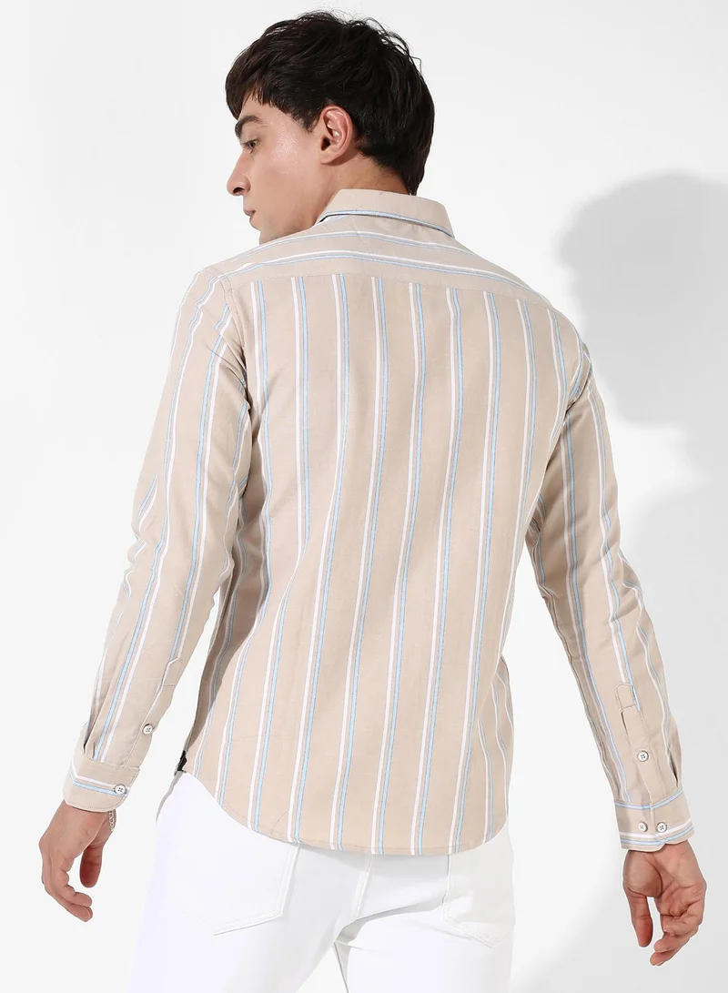 Campus Sutra Men's Beige Striped Cotton Shirt