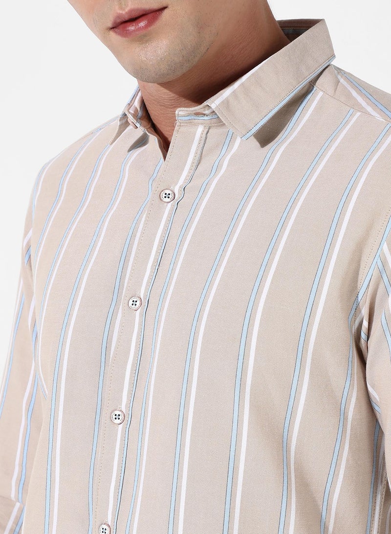 Men's Beige Striped Cotton Shirt