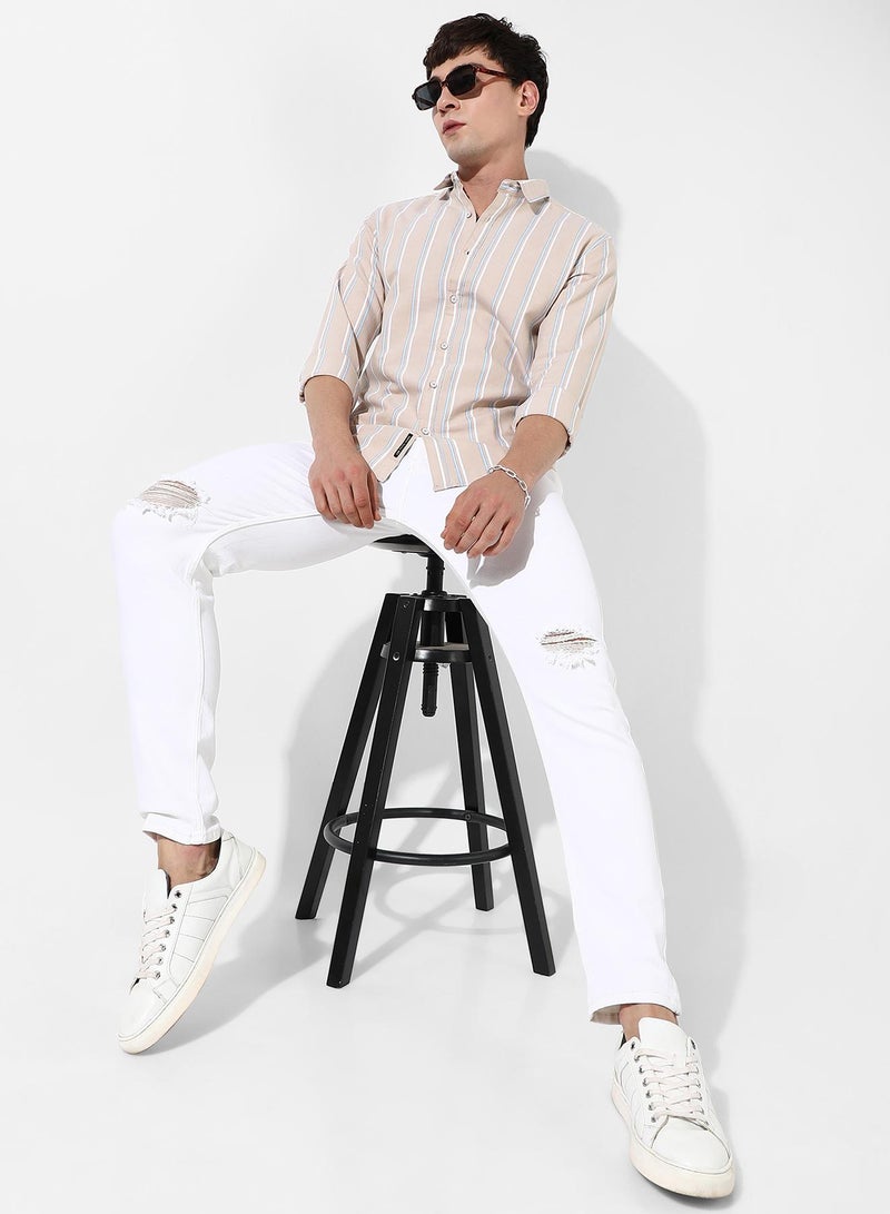 Men's Beige Striped Cotton Shirt