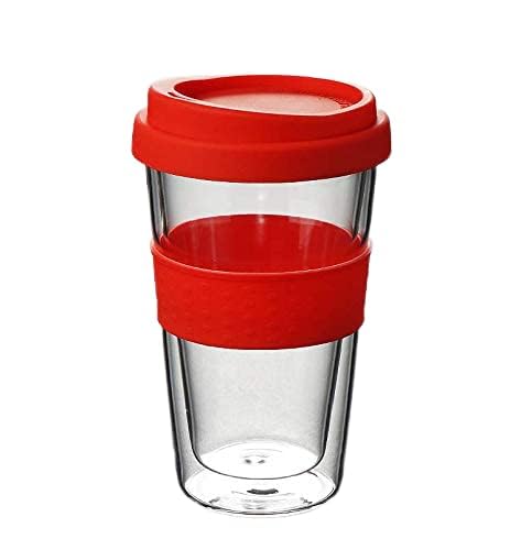 we3 Reusable Coffee Mug 350ml Double-Layer Heat-Resistant Handicraft Glass Tea/Coffee Cup sip lid for Natural Test Insulation for hot & Cold Beverages Office Cup with Silicone Cover. (Red) - Image 2