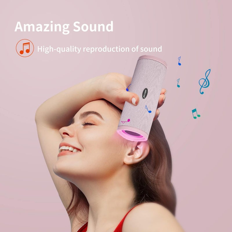 HEYSONG Portable Bluetooth Speaker, Waterproof Wireless Outdoor Speakers with LED Light, Enhanced Bass, IPX7 Floating, 40H Play, TF Card, True Wireless Stereo for Party, Shower, Gifts for Women - Pink - Image 2