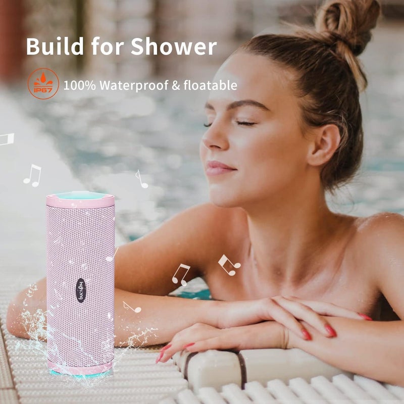 HEYSONG Portable Bluetooth Speaker, Waterproof Wireless Outdoor Speakers with LED Light, Enhanced Bass, IPX7 Floating, 40H Play, TF Card, True Wireless Stereo for Party, Shower, Gifts for Women - Pink - Image 4