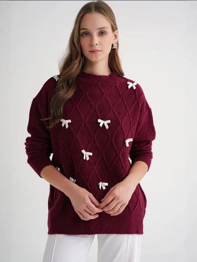 MixRay Bow Detail Cable Knit Oversized Sweater