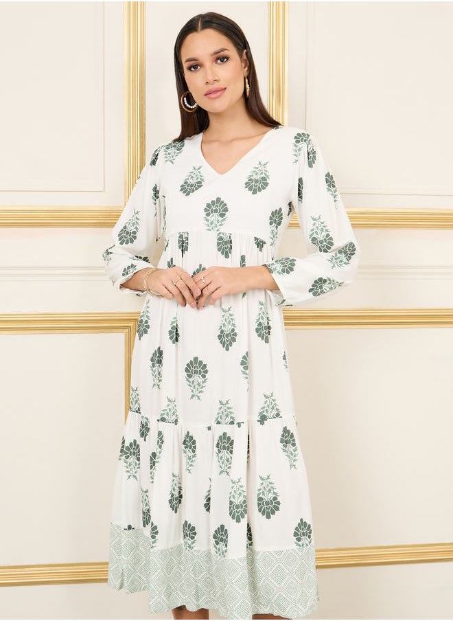 Styli - Damask Print Tiered Shift Midi Dress - Image 1