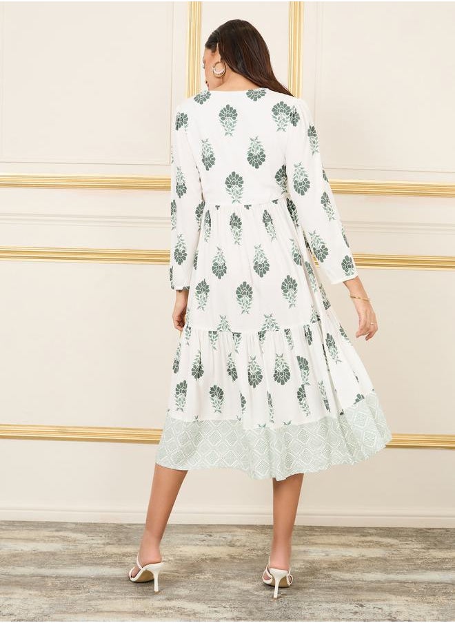 Styli - Damask Print Tiered Shift Midi Dress - Image 1