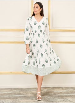 Damask Print Tiered Shift Midi Dress
