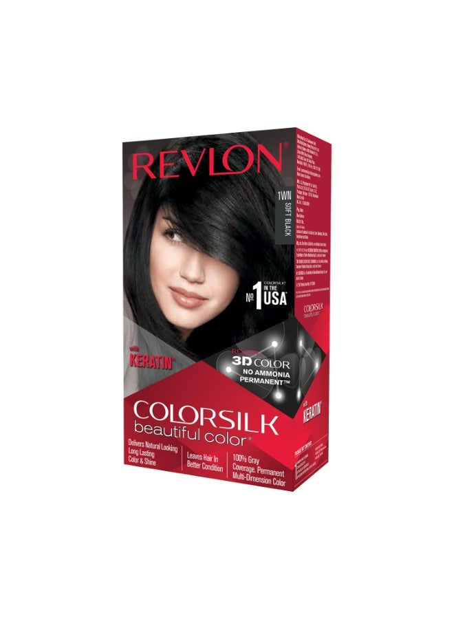 ريفلون صبغة الشعر الدائمة "ريفلون كولور سيلك" (Revlon ColorSilk) للنساء - نتائج بجودة الصالونات في المنزل مع تغطية كاملة للشعر الأبيض بنسبة 100% | غنية بمركب "برو-كيراتين" (Pro-Keratin) وخالية من الأمونيا | لون يدوم حتى 8 أسابيع | الدرجة: أسود ناعم 1WN (عبوة واحدة) - Image 1