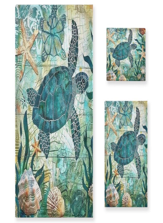 Vdsrup Vintage Ocean Turtle Towels Set of 3 Sea Starfish World Map Hand Towel Bath Towel Washcloth Soft Thin Face Guest Towel Kitchen Tea Dish Towels Bathroom Decorations Housewarming Gifts - Image 1