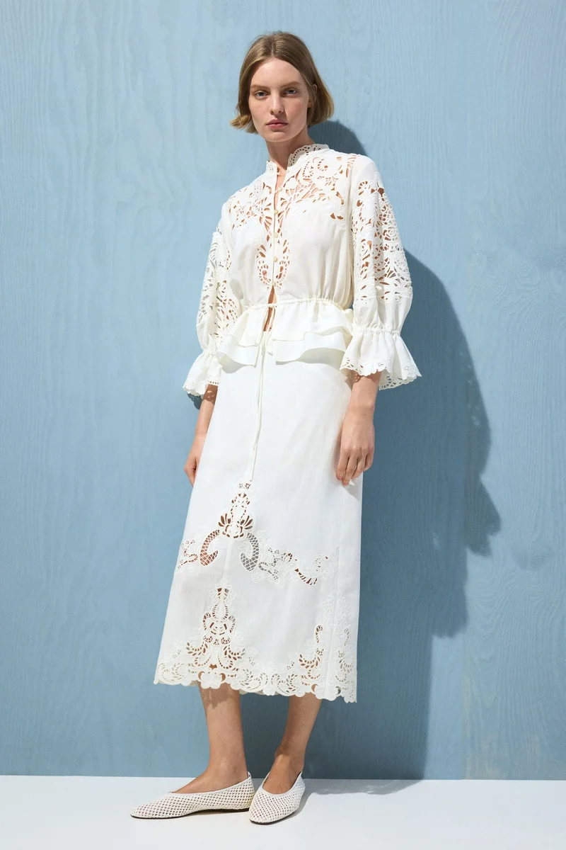 H&M Linen-blend broderie anglaise skirt