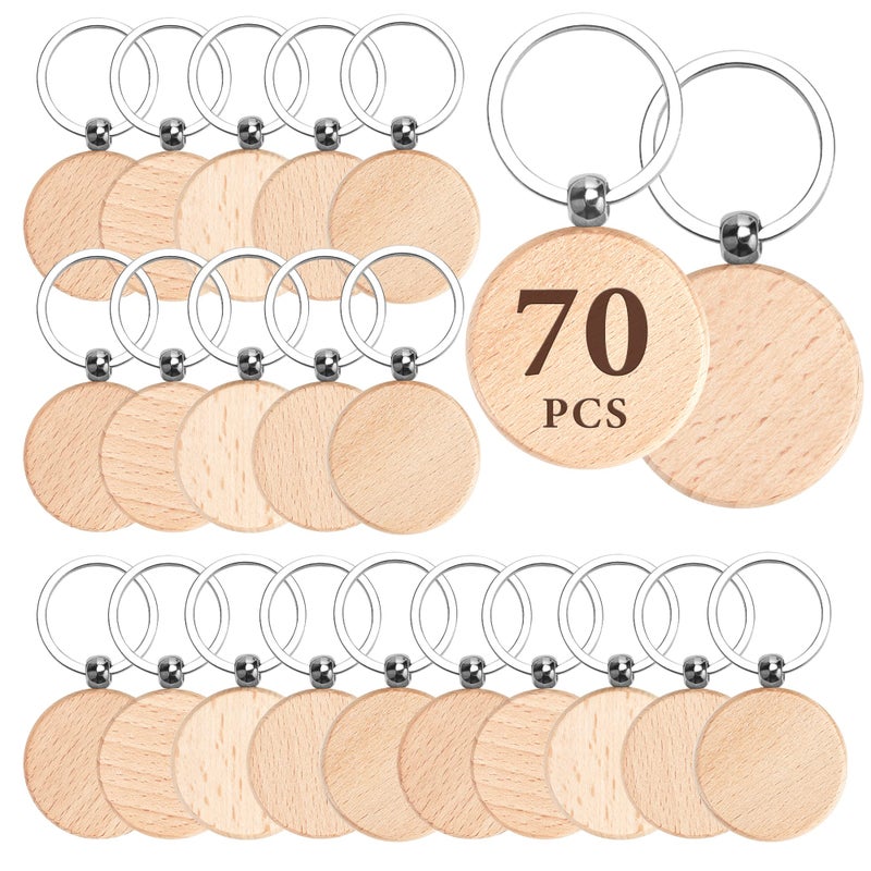 Auihiay Auihiay 70 PCS Rectangle Round Wood Keychain Blanks Unfinished Wood Engraving Blanks Key Chain for DIY Crafts 