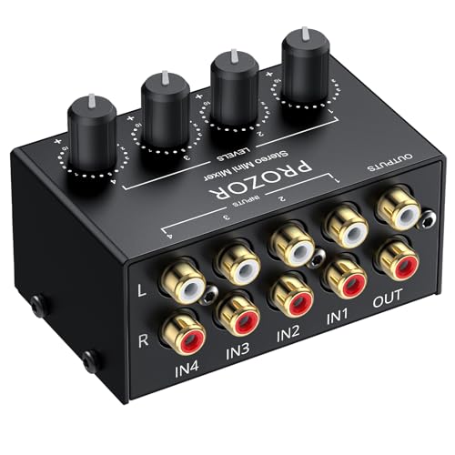 PROZOR 4-Channel Stereo Audio Mixer, RCA Input with Independent Volume Controls, Metal Housing, Ultra Low Noise, for TV/PC Mixing, Home Studios, DJ Performances – No Power Required, Plug and Play - Image 1