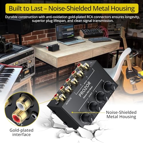 PROZOR 4-Channel Stereo Audio Mixer, RCA Input with Independent Volume Controls, Metal Housing, Ultra Low Noise, for TV/PC Mixing, Home Studios, DJ Performances – No Power Required, Plug and Play - Image 5