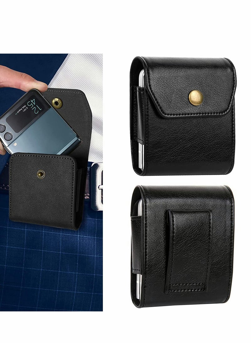 Premium Leather Phone Holster for Samsung Galaxy Z Flip 4 with Clip and Closure, Compatible with Galaxy Z Flip 3 5G and RAZR 5G, Stylish Black Design - Image 1