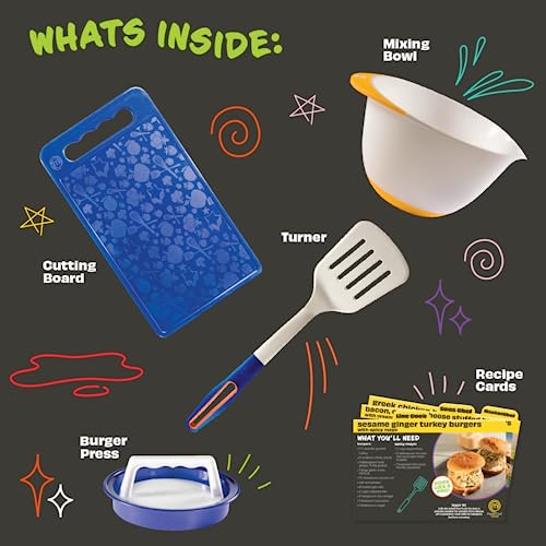 Masterchef Junior Kid's Burger Cooking Set- 9 Pc Kit Includes Real Cookware for Children- Bowl, Cutting Board, Spatula, Sandwich Recipes, and Hamburger Press- Non-Slip Silicone Grips - Image 3