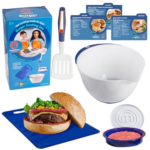 Masterchef Junior Kid's Burger Cooking Set- 9 Pc Kit Includes Real Cookware for Children- Bowl, Cutting Board, Spatula, Sandwich Recipes, and Hamburger Press- Non-Slip Silicone Grips - Image 1
